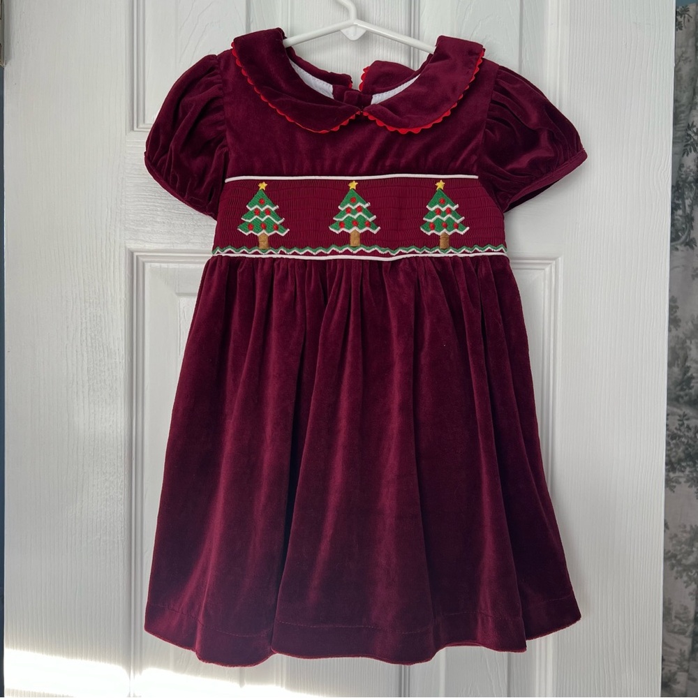 🎄 Llil Cactus Burgundy Velour Christmas Tree Smocked Dress